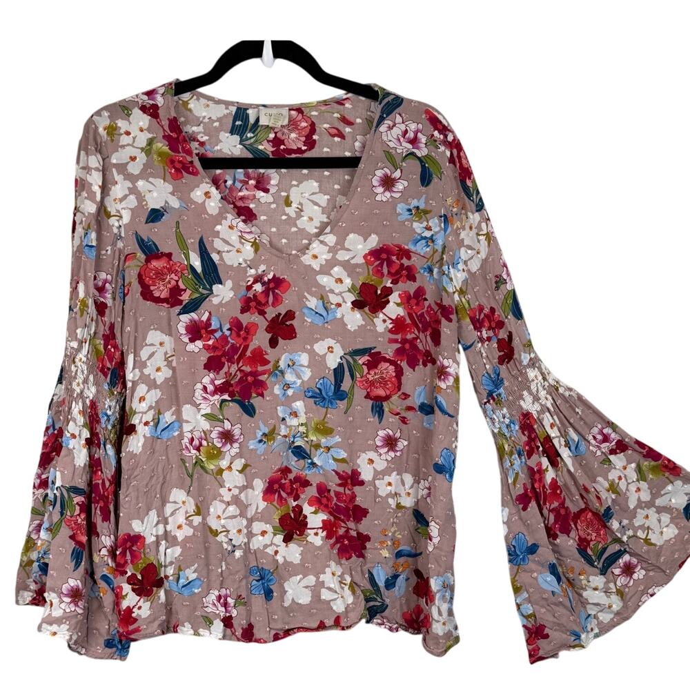 Cupio Floral Bell Sleeve Blouse Medium Boho Cottagecore Romantic Rayon